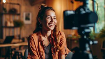 AI generated Smiling young female blogger recording video for her blog. Attractive young woman in casual clothes smiling and looking at camera while sitting in cafe photo