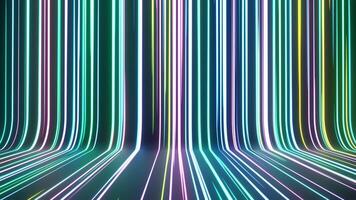 Moving neon lights in colorful lines glow in dark ways, bright and striped abstract patterns with green, purple and blue glow. Future technology background with scrolling at the speed of light. video