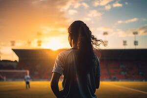 AI generated A young pretty sportsman woman doing morning stretch workout at stadium. Sport and healthy lifestyle. Copy space banner photo