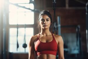 ai generado un fuerte hermosa mujer deportista en gimnasia. aptitud club, deporte vida estilo bandera con fuerte hembra y Copiar espacio para texto foto