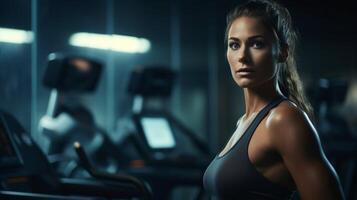 ai generado un fuerte hermosa mujer deportista en gimnasia. aptitud club, deporte vida estilo bandera con fuerte hembra y Copiar espacio para texto foto