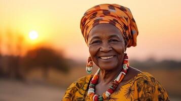 AI generated African mature woman in traditional clothes portrait. Senior adult black lady traditionally dressed in colorful clothing and head wrap. Black History Month concept. photo