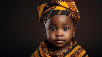 ai generado africano maduro bebé chico en tradicional ropa retrato. tradicionalmente vestido en vistoso ropa y cabeza envoltura. negro historia mes concepto. foto
