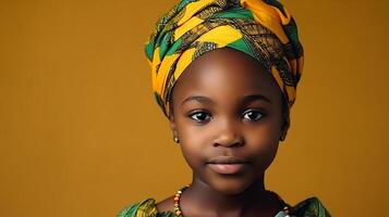 ai generado africano maduro bebé niña en tradicional ropa retrato. tradicionalmente vestido en vistoso ropa y cabeza envoltura. negro historia mes concepto. foto