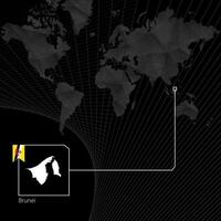 Brunei on black World Map. Map and flag of Brunei. vector