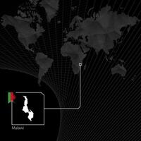 Malawi on black World Map. Map and flag of Malawi. vector