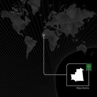 Mauritania on black World Map. Map and flag of Mauritania. vector