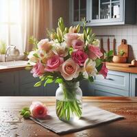 AI generated Fresh Flower Bouquet with Water Droplets on Kitchen photo