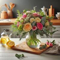 AI generated Fresh Flower Bouquet with Water Droplets on Kitchen photo