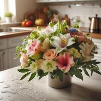 AI generated Fresh Flower Bouquet with Water Droplets on Kitchen photo