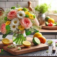 AI generated Fresh Flower Bouquet with Water Droplets on Kitchen photo