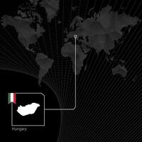 Hungary on black World Map. Map and flag of Hungary. vector