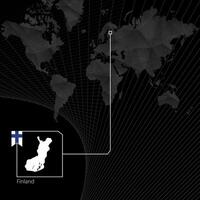 Finland on black World Map. Map and flag of Finland. vector