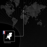 Netherlands on black World Map. Map and flag of Netherlands. vector