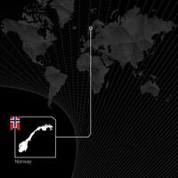 Norway on black World Map. Map and flag of Norway. vector