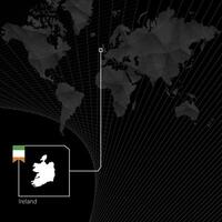 Ireland on black World Map. Map and flag of Ireland. vector