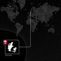 Denmark on black World Map. Map and flag of Denmark. vector