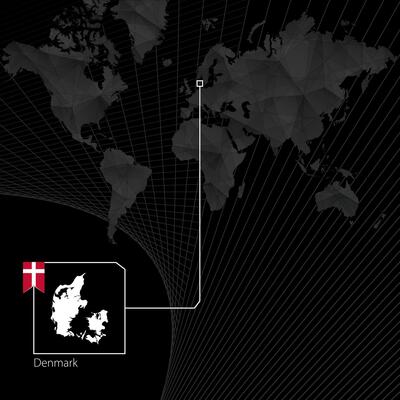 Denmark on black World Map. Map and flag of Denmark.