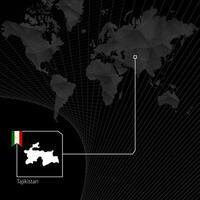 Tayikistán en negro mundo mapa. mapa y bandera de tayikistán vector