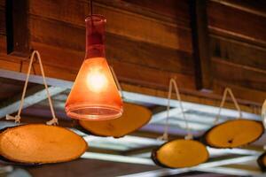 Retro lamp light decorative hanging on wooden roof photo