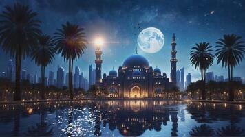 AI generated Ramadan kareem eid al fitr with holy gate of mosque with beautiful light on its minaret. 4k video animation background of a magnificent Mosque at midnight full moon