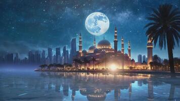 ai generato Ramadan kareem eid al Fitr con santo cancello di moschea con bellissimo leggero su suo minareto. 4k video animazione sfondo di un' magnifico moschea a mezzanotte pieno Luna