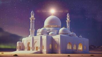 AI generated Ramadan kareem eid al fitr with holy gate of mosque with beautiful light on its minaret. 4k video animation background of a magnificent Mosque at midnight full moon with aurora.