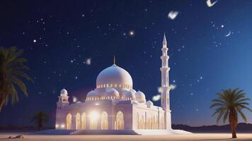 AI generated Ramadan kareem eid al fitr with holy gate of mosque with beautiful light on its minaret. 4k video animation background of a magnificent Mosque at midnight full moon with aurora.