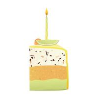 Slice of birthday cake with candle. Piece of cake for Happy Birthday greeting card, sticker, banner, and postcard. Vector illustration isolated on a white background.