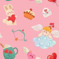 Valentines day seamless pattern with cupid, love arrow, bunny, cake and heart. Cute repeated background for card, Birthday and wedding decor, wrapping paper, packaging, and fabric. Vector illustration