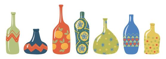 resumen ornamental botellas y floreros vector colocar. colección de moderno curvo vistoso botellas, decorado jarrones, y lanzadores vector íconos ilustración aislado en un blanco antecedentes.