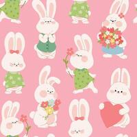Seamless pattern with cute rabbits on pink background. Cute bunny characters for Valentines day, Easter, or Birthday decor, wrapping paper, packages, fabric or wedding invitations. Vector illustration