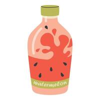 Fresh watermelon juice in a glass bottle. Natural healthy fruit drink. Cooling summer red beverage jar. Flat style vector illustration on a white background.