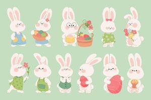 Collection of cute Easter rabbits. Cartoon happy characters of bunnies couples with painted eggs, and flowers. Kawaii hares for Easter card, sticker, banner, and package design. Vector illustration