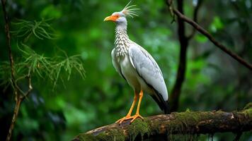 AI generated A secretarybird standing on a branch in the rainforest. photo