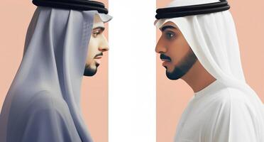 AI generated Thoughtful Arab Men in Traditional Dress Engage in Business Discussion photo