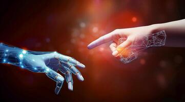 AI generated Human and Robot Hands Merge in a Symbol of Technological Convergence photo