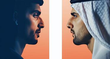 AI generated Two Arab Men Engaged in a Deep Conversation in a Professional Setting photo