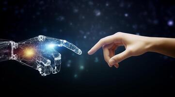 AI generated Conceptual Human-Robot Hand Touch Representing Technological Unity photo
