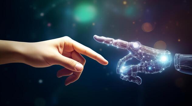 AI generated The Fusion of Human and Robot Hands - Symbolizing Tech Convergence photo