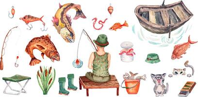 Collection of 20 elements of fishing gear. Drawn with watercolors. You can create patterns, cards and drawings yourself vector