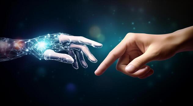 AI generated Human and Robot Hand Interaction Symbolizing AI Collaboration photo