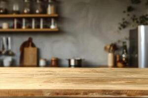 AI generated Empty counter table top for product display in modern kitchen interior photo