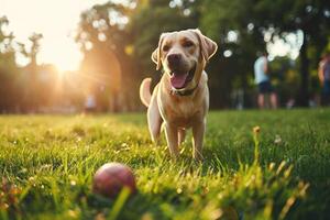 ai generado un simpático perro felizmente obras de teatro ir a buscar con sus propietario en un lozano verde parque, amistad con animales foto