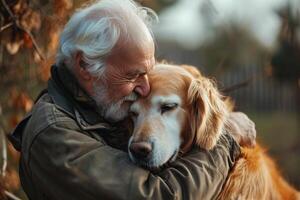 ai generado un retrato de un contento mayor más viejo con un perro, el mayor con mascota foto