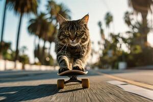 AI generated Skateboarding cat. Funny cat rides skateboard on the street in summer city photo