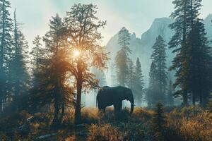 AI generated elephant in the forest, Wildlife background, silhouette elephant in the forest photo