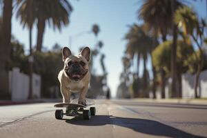 ai generado patinar perro. gracioso perro paseos patineta en el calle en verano ciudad foto