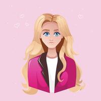Portrait of a blonde girl with long hair and big blue eyes. The girl is dressed in a pink suit. Girl on a pink background vector