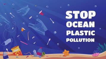 detener Oceano el plastico contaminación. vector póster acerca de parada Oceano el plastico contaminación con un pila de basura en el Oceano